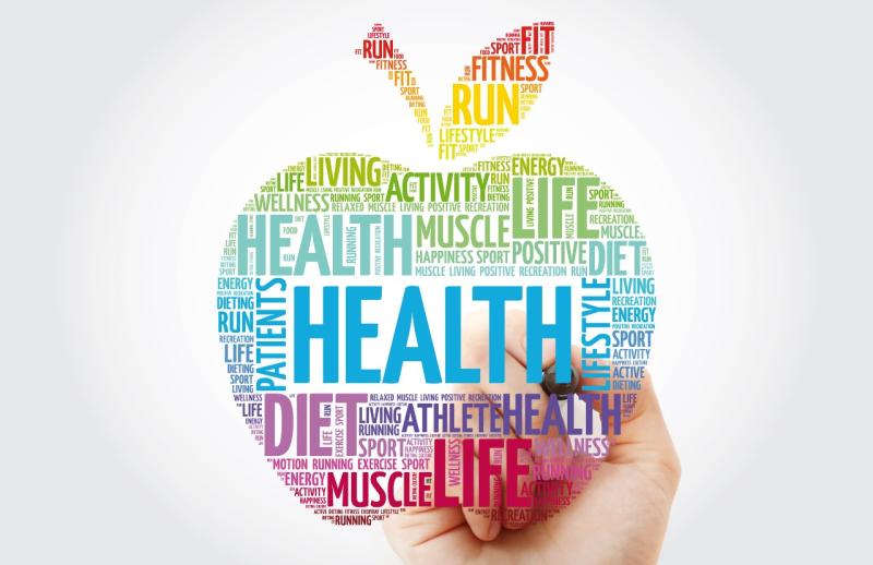 apple with a word cloud health diet life